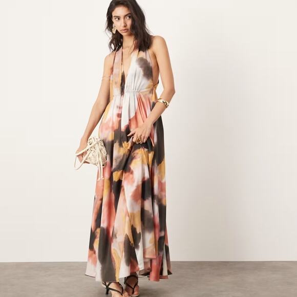 NEW Edition Asos Watercolor Print Satin Halter Maxi Dress 4‎ Pink Black Tan NWT - Picture 11 of 13